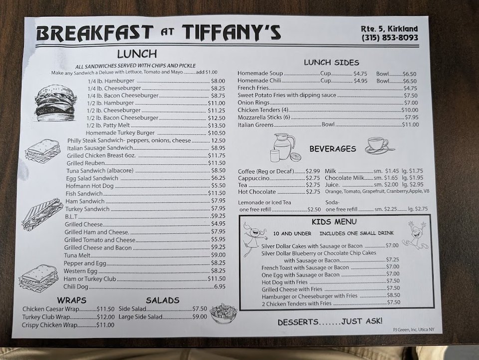 Printed menu with lunch, wraps, and salads.